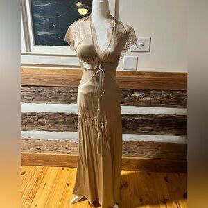 Vtg Y2K Silk Dress 10 Maxi Whimsigoth Fairy Tasseled Zip Back Flapper Gold Lace